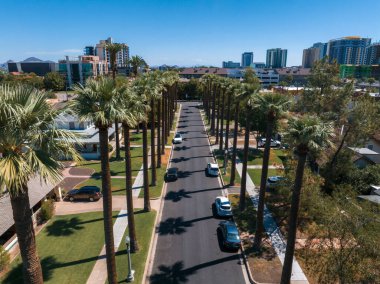 Boş bir yolu olan California palmiyelerinin hava görüntüsü. Palm Springs, Kaliforniya 'da palmiye ağaçları ve çöl dağı.