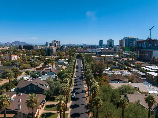 Boş bir yolu olan California palmiyelerinin hava görüntüsü. Palm Springs, Kaliforniya 'da palmiye ağaçları ve çöl dağı.