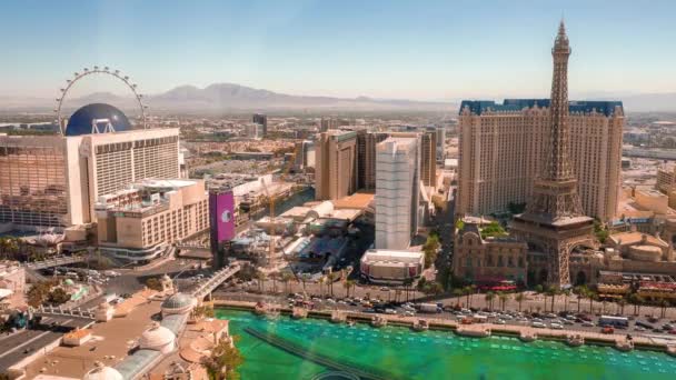 Luchtfoto Timelapse Panorama Van Las Vegas Strip Uitzicht Bellagio Fonteinen — Stockvideo