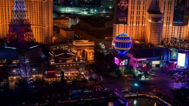 Ночная Воздушная Панорама Лас Вегаса Вид Фонтаны Белладжио Эйфелеву Башню — стоковое видео