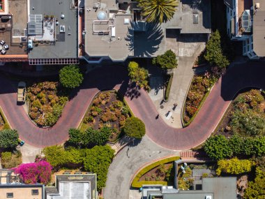 Panoramic view of aerial Lombard Street, an east west street in San Francisco, California. Famous for steep, one block section with eight hairpin turns. Crookedest, steep hills, sharp curves clipart