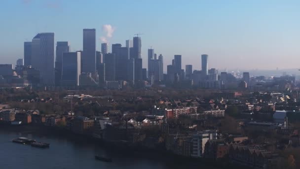 Flygfoto Panoramautsikt Över Canary Wharf Finansiellt Nav London Storbritannien Vacker — Stockvideo