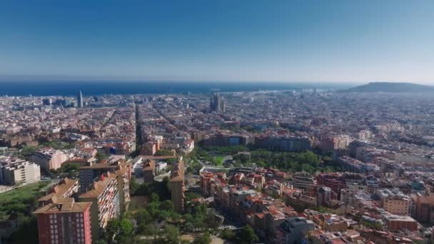 Aerial View Barcelona City Skyline Sunset Residential Famous Urban Grid — Stock Video