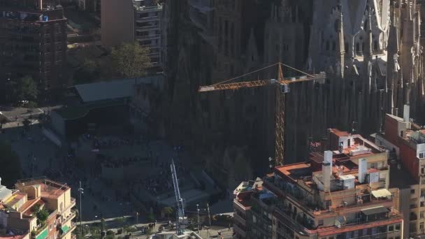 Vista Aérea Horizonte Cidade Barcelona Catedral Sagrada Família Pôr Sol — Vídeo de Stock