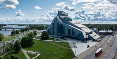 Aerial view of the National Library in Riga. Modern architecture in Latvia.