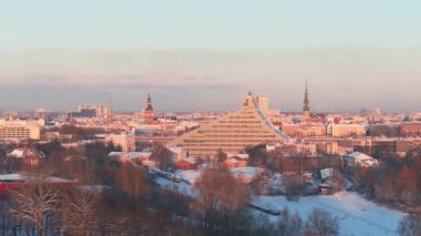 Aerial view of the National Library in Riga. Modern architecture in Latvia.