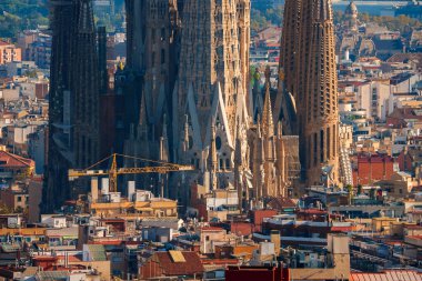 Bitmemiş Sagrada Familia 'nın panoramik manzarası, terracotta çatıları ve yumuşak sabah ışığında inşaat vinçleriyle çevrili Gotik kuleleri ile birlikte..
