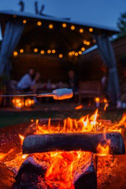 Sıcak alevlerle dolu bir ateş çukurunda kızaran bir şekerlemenin yakın çekimi. Kopenhag 'da muhtemelen alacakaranlıkta sicim ışıkları altında insanlarla sıcak bir ortam..