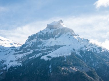 Sabahın erken saatlerinde ya da akşamüstü aydınlığı karlı bir Engelberg dağı zirvesine vurur kayalık çıkıntılar ve ince bulutlu soluk mavi bir gökyüzünün altında orman yamaçlarıyla..