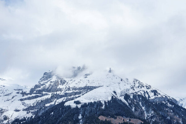 Majestic snowcovered mountains rise in Engelberg, Switzerland, with rugged peaks shrouded by clouds. Foreground hints at wooded foothills under an overcast sky, capturing the serene alpine beauty.