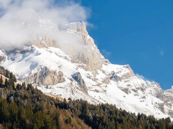 瑞士恩格尔堡壮观的高山风景 山顶烟雾弥漫 积雪覆盖 蓝天下有茂密的针叶林 非常适合冬季体育爱好者 — 图库照片