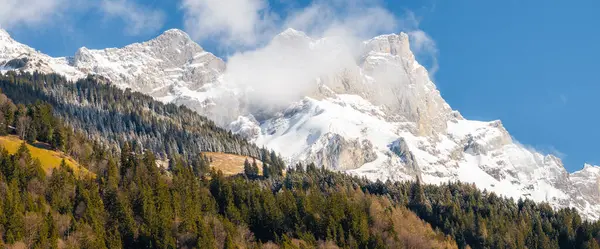 Engelberg, İsviçre 'nin panoramik manzarası, açık bir gökyüzünün altında karla kaplı tepeler, kozalaklı ormanlar ve yeşil çayırlar, engebeli arazide gölgeleri belirleyen güneş ışığı.