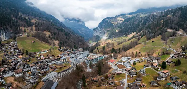 Luchtfoto Van Murren Zwitserland Met Traditionele Alpine Architectuur Midden Van — Stockfoto