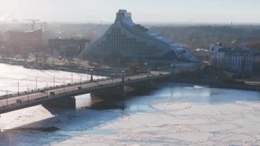 Aerial view of the National Library in Riga. Modern architecture in Latvia.