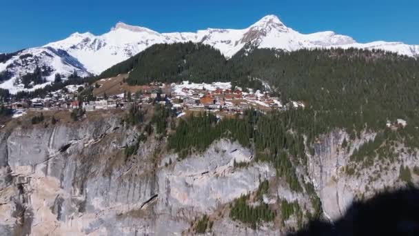 Piękny Panoramiczny Widok Lotu Ptaka Miasto Murren Ośrodka Narciarskiego Szwajcarii — Wideo stockowe