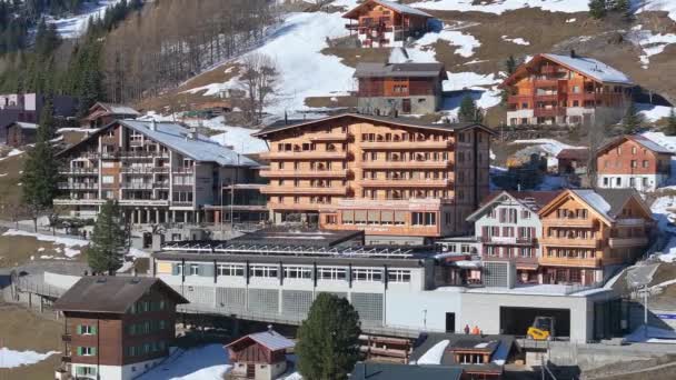 Hermosa Vista Aérea Panorámica Ciudad Esquí Murren Suiza Hoteles Lujo — Vídeo de stock