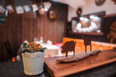 Ahşap yüzeyde dekoratif düzenlemelerle donatılmış samimi bir iç mekan. İçlerinde bizon ve ayının sulu bitki ve metal kesimleri de var. Kırsal konfor titreşimleri.