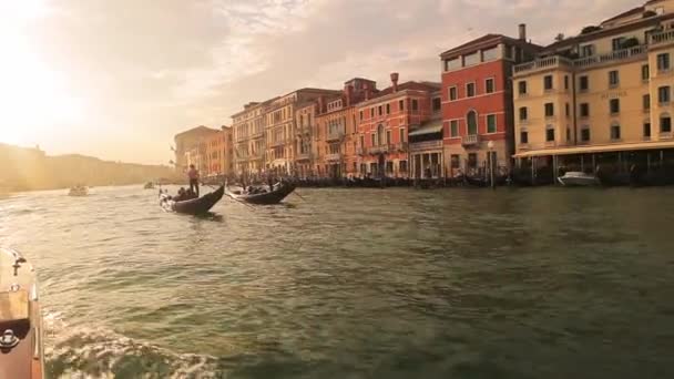 Gôndola Punting Gondola Venetian Através Das Águas Verdes Canal Veneza — Vídeo de Stock