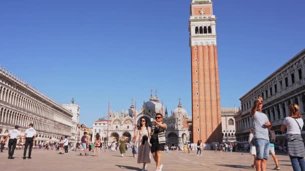 Utsikt Marks Plassen Med Marks Basilica Den Viktigste Turistattraksjonen Venezia – stockvideo