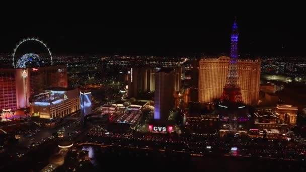 Gece Las Vegas Şeridi Nin Panoramik Hava Manzarası Güzel Bellagio — Stok video