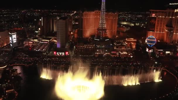 Vista Aerea Panoramica Della Las Vegas Strip Notte Bellissime Fontane — Video Stock