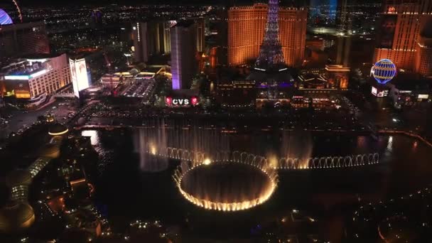 Panoramic Aerial View Las Vegas Strip Night Beautiful Bellagio Fountains — Stock Video