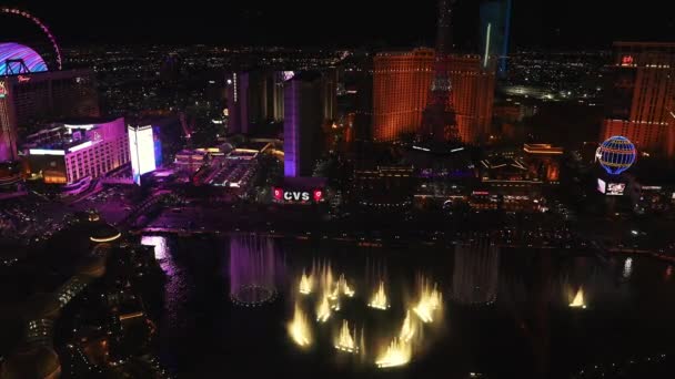 Vista Aérea Panorâmica Las Vegas Strip Noite Belas Fontes Bellagio — Vídeo de Stock