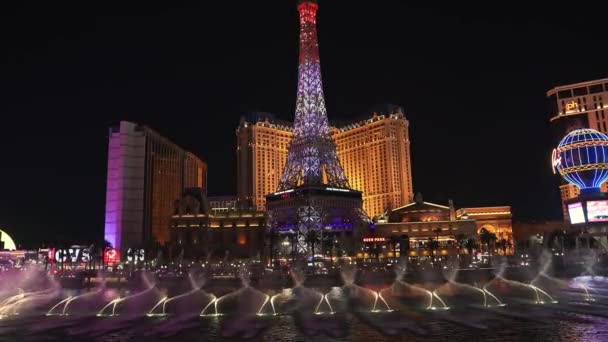 Vista Panorâmica Las Vegas Strip Noite Belas Fontes Bellagio Paris — Vídeo de Stock