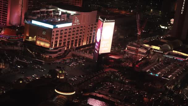 Воздушный Вид Лас Вегас Ночью Красивые Фонтаны Bellagio Отель Paris — стоковое видео