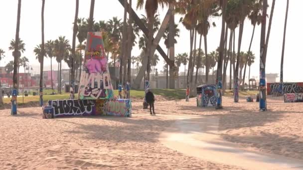 Menschen Auf Der Strandpromenade Palmen Und Gebäuden Strandviertel Von Venedig — Stockvideo