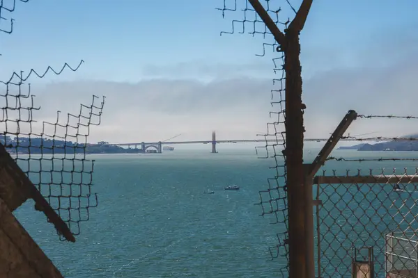 Gjennom Rustne Barer Trådnett Inne Alcatraz Med Utsikt San Francisco stockbilde