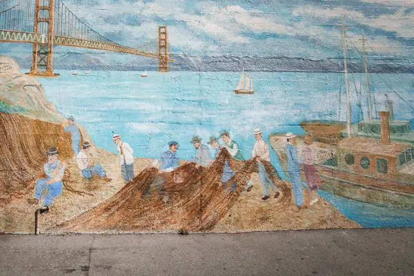 Πολύχρωμη Τοιχογραφία Που Απεικονίζει Ναυτική Σκηνή Φιγούρες Μπλε Και Λευκά Εικόνα Αρχείου