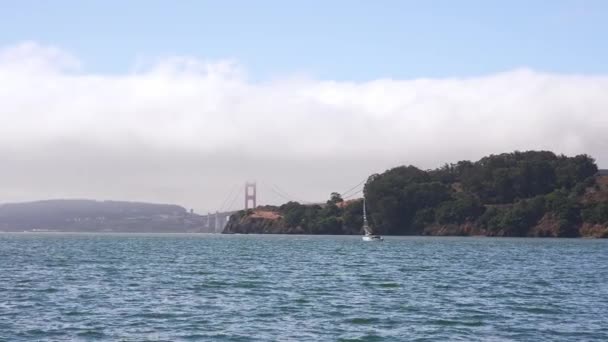 게이트 브리지와 알카트라즈 지평선의 샌프란시스코 다운타운 캘리포니아의 요트에 샌프란시스코 아래로 — 비디오