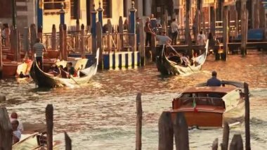 Venedikli gondolcu Venedik İtalya 'nın yeşil kanal sularında gondola biniyor. Ünlü Canal Grande 'deki geleneksel Gondol manzarası gün batımında romantik altın bir akşam ışığı altında.