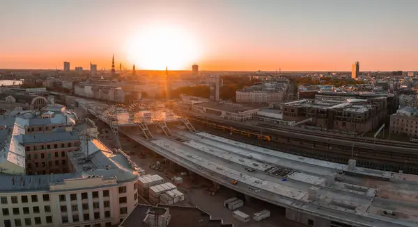 Proyek Besar Pemandangan Konstruksi Rail Baltik Sedang Berlangsung Riga Latvia Stok Lukisan  