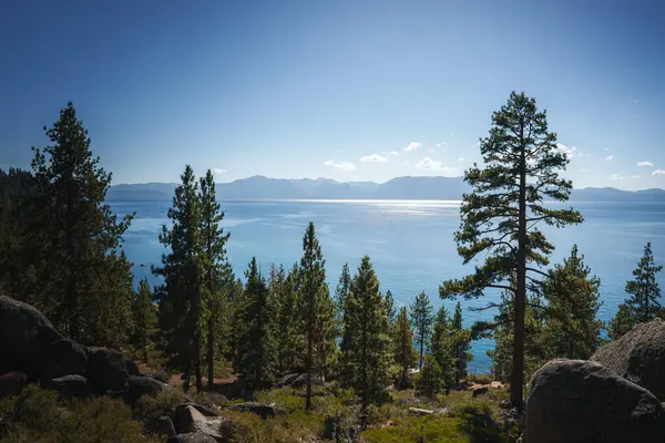 Uzak dağları olan Tahoe Gölü 'ndeki engin su manzarası. Sakin göl güneş ışığını, mavi gökyüzünü, kozalaklı ağaçları yansıtıyor. Huzurlu manzara, Amerika 'daki dağlık gölleri anımsatıyor..