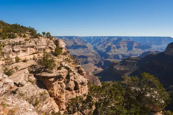 Arizona, ABD 'de açık mavi gökyüzünün altındaki Büyük Kanyon manzarası. Karmaşık kırmızı, kahverengi ve bej kaya oluşumları ufukta kaybolan engebeli, kayalık arazi..