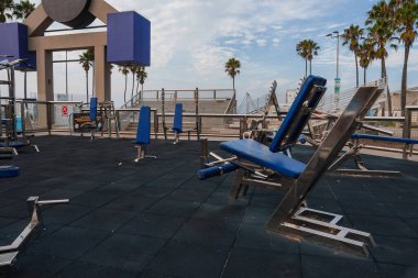 Spor salonunun dışında ağırlık sıraları ve parmaklıklar gibi çeşitli spor aletleri var. Venedik sahilinde, palmiye ağaçları ve arka planda bulutlu bir gökyüzü var..