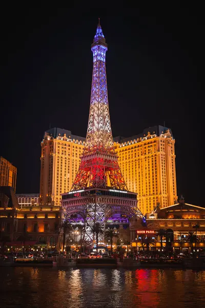 Vibrant Night Scene Las Vegas Strip Showcasing Eiffel Tower Replica Royalty Free Stock Photos