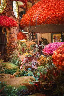 Temalı bir Las Vegas otelinde canlı bir bahçe sahnesi. Renkli çiçekli yapılar gibi büyük boy mantarlar. Yeşillik, dolambaçlı yollar, sihirli ışıklar. Bir peri masalı kaçışı.