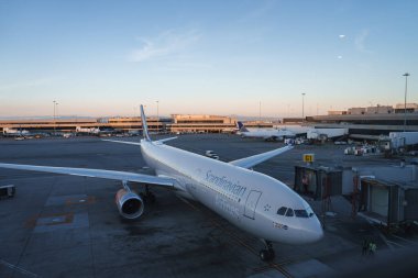 Şafakta ya da alacakaranlıkta hafif ışıkla havaalanının kapısına park edilmiş bir uçak. İskandinav Havayollarının görüldüğü ticari jet. Konum muhtemelen Kaliforniya 'da.