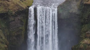 Gün batımında İzlanda 'nın etkileyici güzellikte doğası. Skogafoss şelalesi İzlanda 'nın ünlü bir doğal dönüm noktasıdır. Turistler ünlü şelale yakınlarında ata binerler..