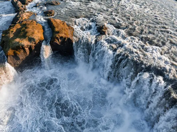 stock image Aerial view of the powerful Godafoss waterfall on a sunny day in Northern Iceland. Beautiful Godafoss Waterfall in Northern Iceland.