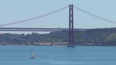 25 Nisan Köprüsü (İngilizce: Aerial view of the 25th April Bridge - Ponte 25 de Abril), Lizbon şehrini Almada şehrine bağlayan asma köprü rayı. Yukarıdan panoramik görünüm.