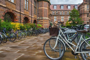 Cambridge, İngiltere 'de tarihi tuğla binalar, kemerli pencereler ve sayısız bisikletin yer aldığı pitoresk bir avlu. Islak asfalt ve yemyeşil cazibe katar.