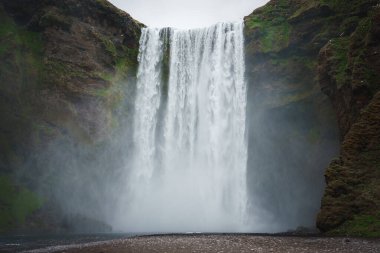 Yüksek ve güçlü akışıyla bilinen İzlanda 'daki Skogafoss şelalesi, yemyeşil yosun ve engebeli kayalarla çevrili. Sis ve bulutlu gökyüzü mistik bir atmosfer ekler.