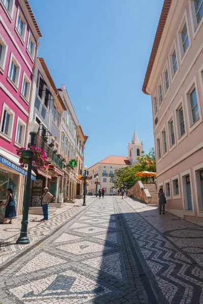 Portekiz 'in Aveiro şehrinde renkli ön cepheleri, belirgin pembe binaları ve çan kulesi olan beyaz bir kilisesi olan pitoresk bir cadde. Asılan çiçek sepetleri ve yayalar.
