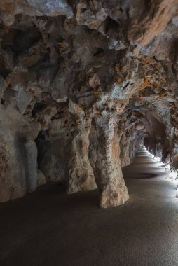 Portekiz, Sintra 'daki dar bir mağara tünelinin karmaşık detaylarını araştırın. Doğal güzelliğini ön plana çıkaran engebeli kaya oluşumları ve çarpıcı ışıklandırmaları içeren..