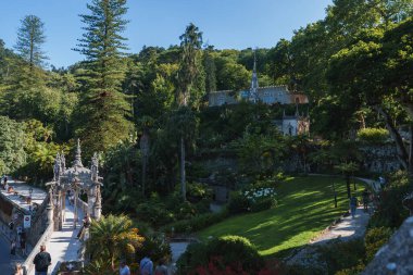 Quinta da Regaleira, Sintra 'nın sakin bahçelerindeki canlı yeşillikler ve yüksek ağaçlarla çevrili Regaleira Şapeli' nin karmaşık taş oymalarını keşfedin..