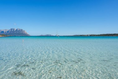 Experience the tranquil beauty of Sardinia with crystal clear waters, a solitary sailboat, and dramatic mountain ranges creating a stunning coastal landscape. clipart